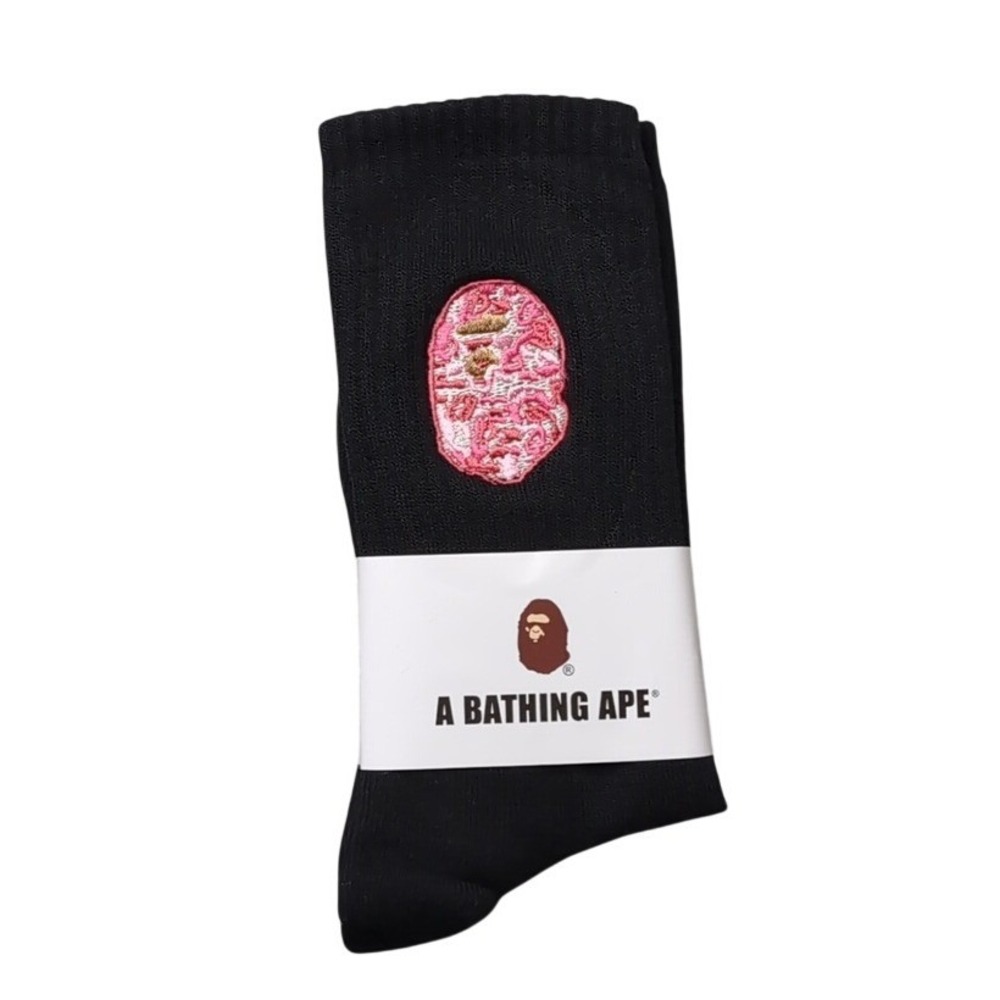 Bape Crew Socks Embroidered Ape Head Mens Womens‎ Unisex Sz 9-11 Black Pink Camo